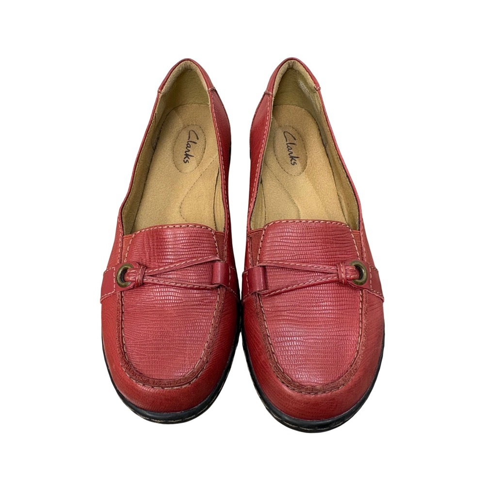 Clarks Collection Burgundy Leather Textured Slip On Shoes Womens 7.5M